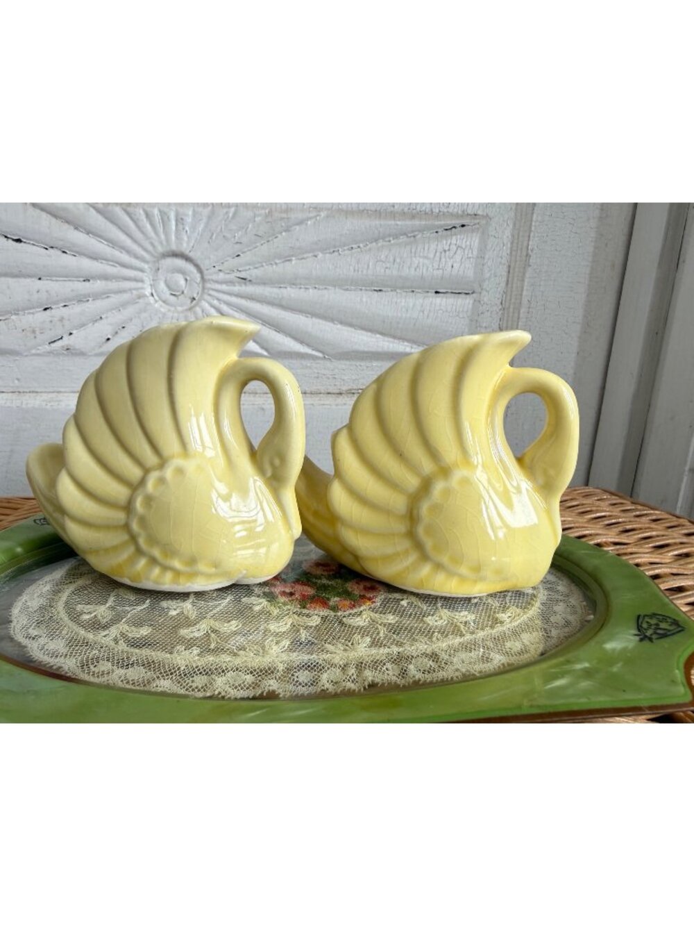 VIntage 1950s Pair Of Small Yellow Swan Bird Planters Cottage Core Retro